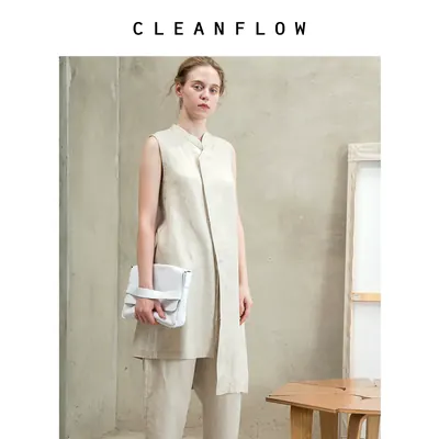 CLEANFLOW | 烫金亚麻雨露麻解构中式参差无袖背心夏季质感连衣裙