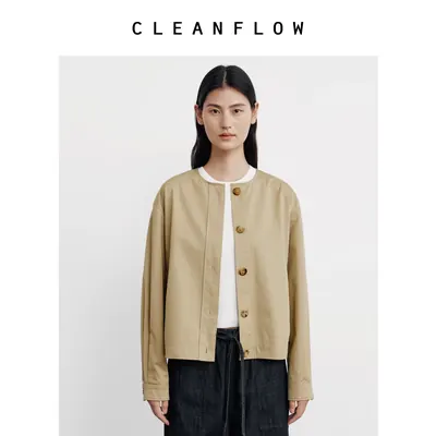 CLEANFLOW | 全棉圆领衬衫式短外套女小个子2026秋季新款气质上衣