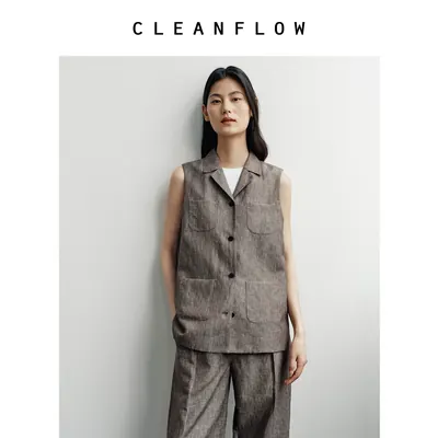 CLEANFLOW | 檀木棕古巴领亚麻马甲外套女高级感2026秋季新款上衣