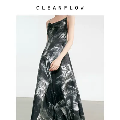 CLEANFLOW艺术家合作 | 水墨拼贴印花露背斜裁吊带连衣裙夏季女