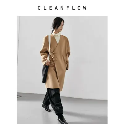 CLEANFLOW | 水波纹美利奴羊毛手工双面毛呢外套女宽松中长大衣