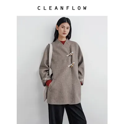 CLEANFLOW | 中式瓣领斜门襟牛角扣毛呢外套女2026冬新款气质大衣