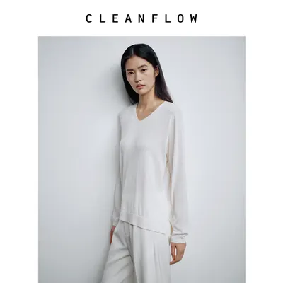 CLEANFLOW | 白色羊毛薄款v领针织衫女设计感2026秋季新款打底衫