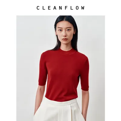 CLEANFLOW | 美利奴羊毛宽边圆领中袖气质针织衫女2026秋新款T恤