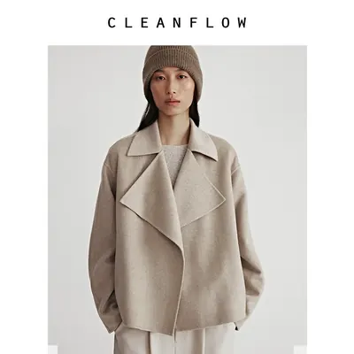 CLEANFLOW | 纯山羊绒手工双面毛呢外套女高级感吹叶翻领短款大衣