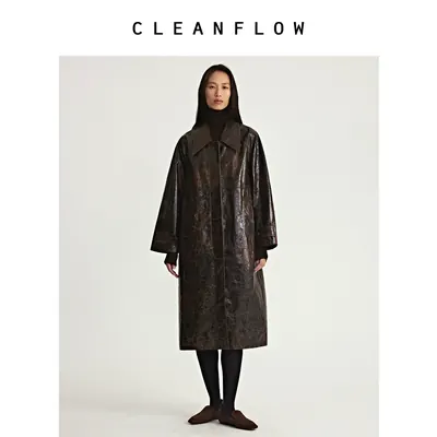 CLEANFLOW | 黑色龟裂纹油蜡牛皮翻领腰带风衣女高级感2026秋新款