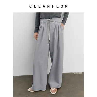CLEANFLOW | 精纺羊毛撞色抽绳松紧腰休闲裤女2026秋新款气质裤子