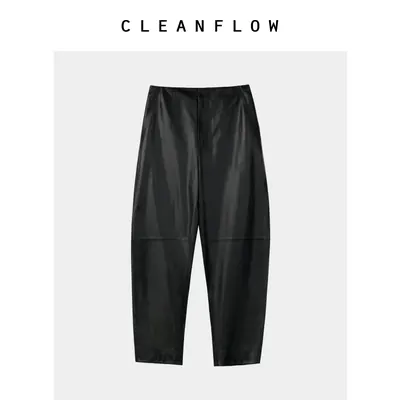 CLEANFLOW | 山羊皮月牙型九分休闲百搭皮裤女2026秋新款百搭裤子