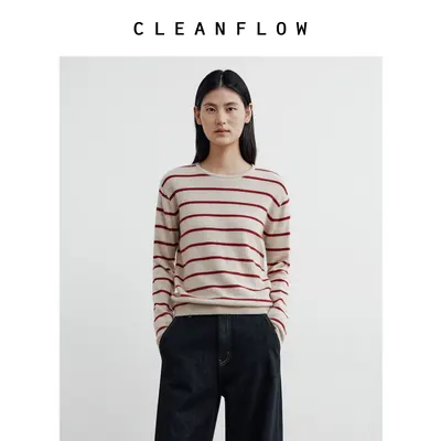 CLEANFLOW 精粹系列| 100%山羊绒条纹针织衫女2026秋季新款打底衫
