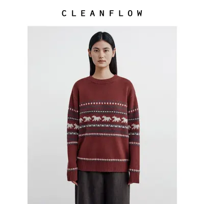 CLEANFLOW | 费尔岛提花圆领红色套头针织衫女2026秋新款百搭毛衣