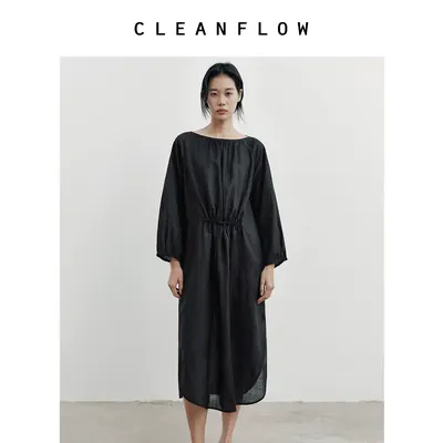 CLEANFLOW云游系列 | 超细苎麻抽绳长袖中式连衣裙女早秋气质裙子