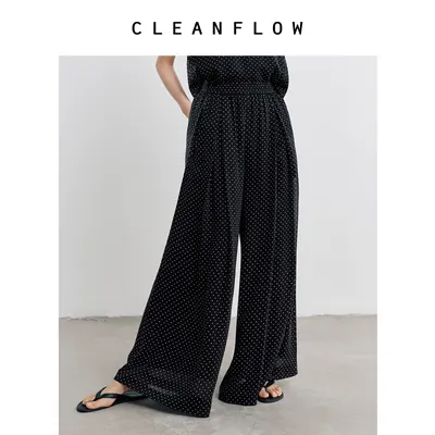 CLEANFLOW | 黑色小波点乔其桑蚕丝拖地休闲裤裙女2026秋新款裤子