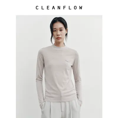 CLEANFLOW丨米灰色超细美利奴羊毛薄款针织长袖打底T恤2026秋新款