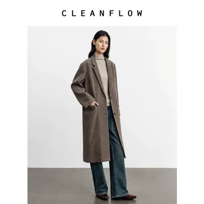 CLEANFLOW | 坚果棕窄驳头西装领毛呢外套女高级感气质中长款大衣