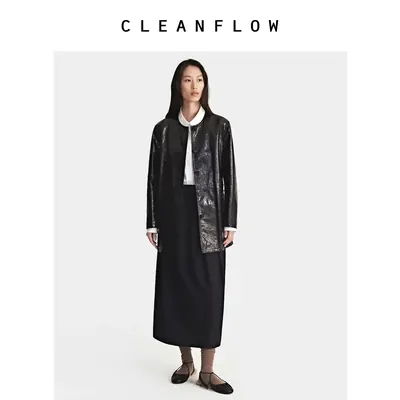 CLEANFLOW | 黑色玳瑁色龟裂纹油蜡牛皮圆领束腰中长外套女高级感