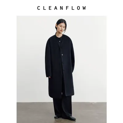 CLEANFLOW | 羊驼毛V领松身中长毛呢外套女高级感2026冬新款大衣