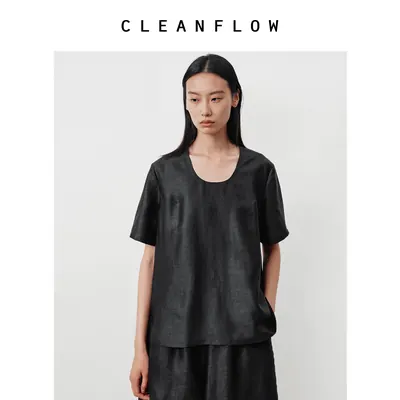 CLEANFLOW | 纯手工平板香云纱U领T恤女高级感2026春夏季新款上衣