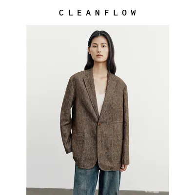 CLEANFLOW | 烟草色亚麻一粒扣休闲通勤西装外套女2026秋新款上衣