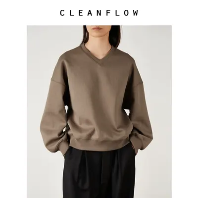 CLEANFLOW | 奶咖双面棉v领弧形袖宽松休闲套头卫衣女2026秋新款