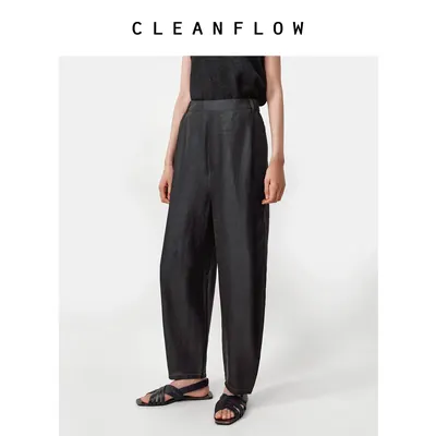 CLEANFLOW | 龟裂纹香云纱莨绸桑蚕丝锥形松紧腰大褶九分休闲裤女