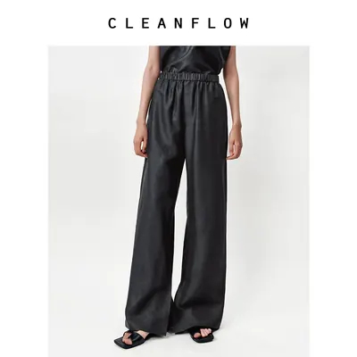 CLEANFLOW | 纯手工平板纹香云纱莨绸松紧腰直筒开衩裤子女小个子