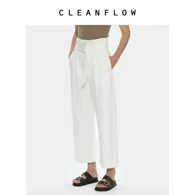 CLEANFLOW | 白色重磅酵素水洗斜纹汉麻腰带直筒九分休闲裤女春秋