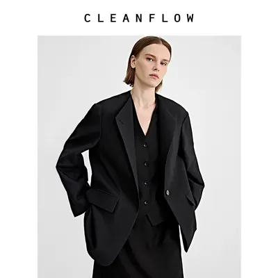 CLEANFLOW精粹系列 | 丝毛层乔绉折领东方感廓形西装外套女高级感