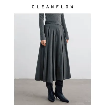 CLEANFLOW | 精纺羊毛呢百褶半身裙女高级感2026秋新款百搭裹裙子