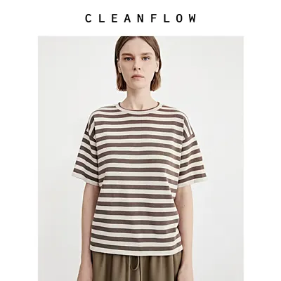 CLEANFLOW | 纯棉宽松圆领条纹针织T恤女2026夏新款气质百搭上衣