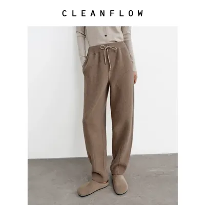 CLEANFLOW | 复古针织毛呢松紧腰休闲九分裤女2026冬新款百搭裤子