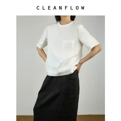 CLEANFLOW | 米白色酵素水洗亚麻短袖圆领T恤女夏季透气百搭上衣