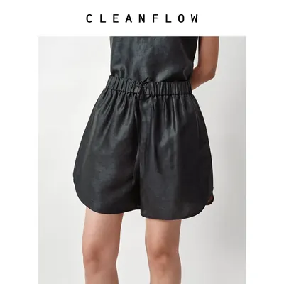 CLEANFLOW | 手工平板纹香云纱松紧腰花瓣弧摆短裤2026夏新款裤子
