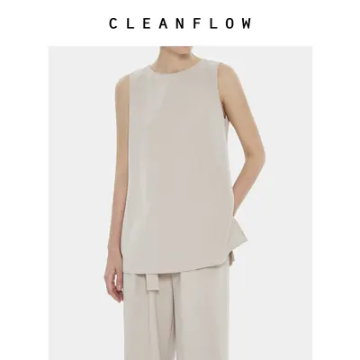 CLEANFLOW | 裸色40姆米重磅弹力重绉桑蚕丝圆领无袖背心短袖T恤
