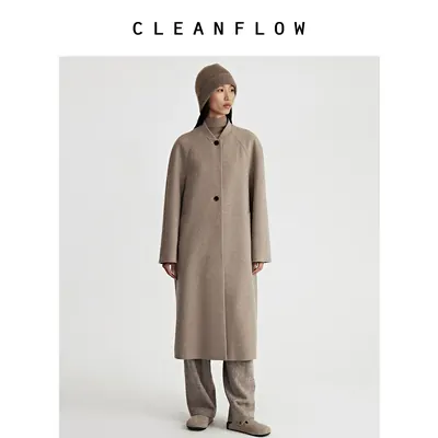 CLEANFLOW | 茶灰原色狐狸绒羊毛麦尔登立领插肩袖壳型大衣外套