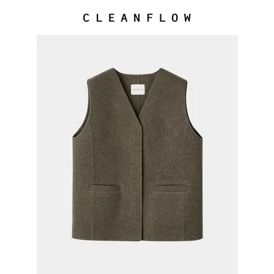 CLEANFLOW | 云朵立绒V领手工毛呢马甲外套女2026秋新款百搭上衣