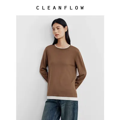 CLEANFLOW | 100%美利奴羊毛圆领撞色打底针织衫女2026秋新款上衣