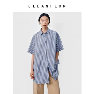 CLEANFLOW | 意大利进口长绒棉宽松蓝白条纹短袖衬衫女2026秋新款