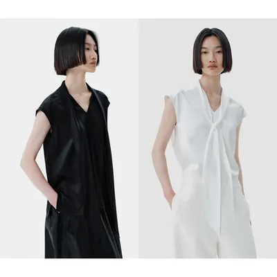CLEANFLOW | 36姆米桑蚕丝双面缎系带领背心衬衫女2026秋新款上衣