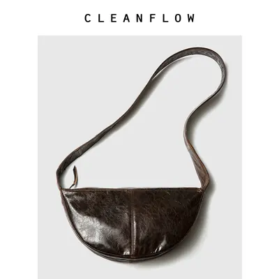 CLEANFLOW | 玳瑁色龟裂纹油蜡头层牛皮半圆新月单肩斜挎包新款女