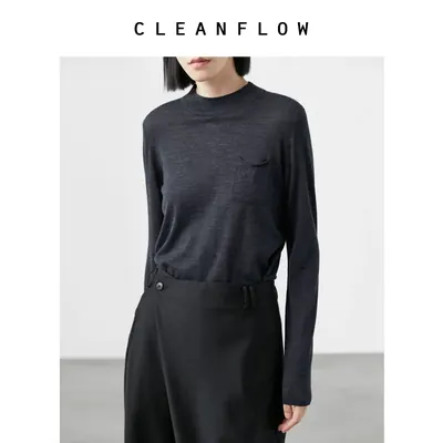 CLEANFLOW | 深花灰色超细美利奴羊毛薄款针织长袖T恤百搭打底衫