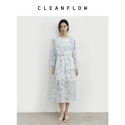 CLEANFLOW | 蓝色水墨乔其100%桑蚕丝收腰中式印花连衣裙女设计感