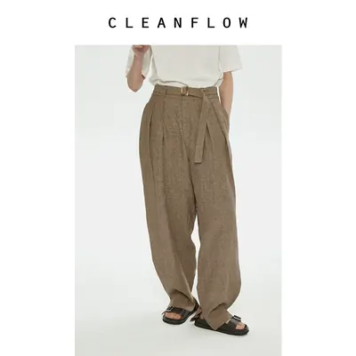 CLEANFLOW | 冰淇淋卡其色织法国进口亚麻锥形宽松鱼嘴裤秋季长裤