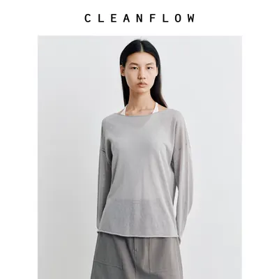 CLEANFLOW | 醋酸亚麻棉亲肤船领针织衫秋夏长袖T恤宽松百搭罩衫