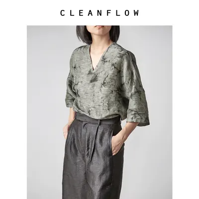 CLEANFLOW | 原创墨绿双层印花丝麻套头七分袖V领衬衫休闲秋季女