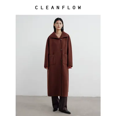 CLEANFLOW | 纯羊毛翻领红色大衣女高级感2026冬新款气质毛呢外套