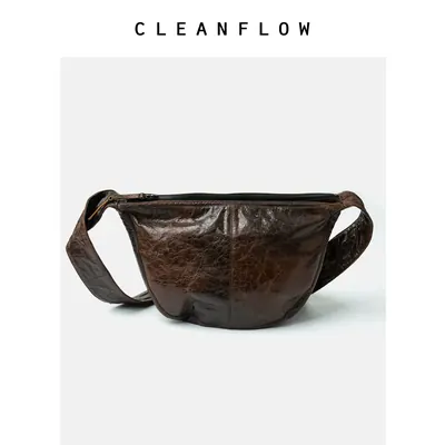 CLEANFLOW | 玳瑁色龟裂纹油蜡头层牛皮双子马蹄手提斜挎包小众新