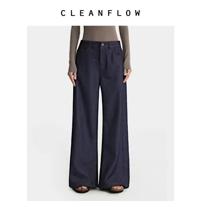 CLEANFLOW | 靛蓝原色精纺羊毛微喇牛仔裤女高级感2026秋新款裤子