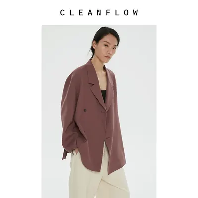 CLEANFLOW | 胭脂粉色精纺羊毛双排扣宽松中性西装高级感通勤外套