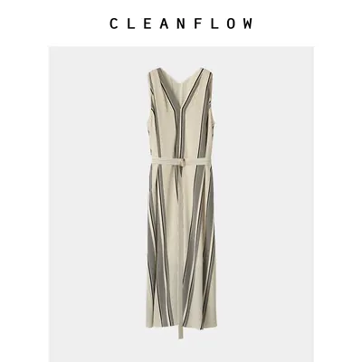 CLEANFLOW | 条纹桑蚕丝v领条纹背心无袖连衣裙女2026夏新款裙子