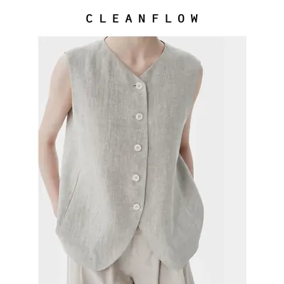 CLEANFLOW | 人字纹纯亚麻弧摆极简马甲女高级感2026秋夏新款外套